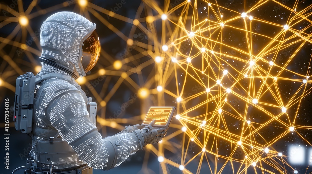 Poster cyber enhanced astronaut floating in deep space surrounded by a mesmerizing holographic data interfa