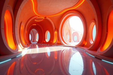 Abstract interior design of futuristic sci fi building with vibrant orange hues, building, sci fi