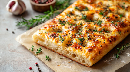 A freshly baked focaccia bread loaf, sprinkled with herbs, sits on a clean, empty background, symbolizing warmth, comfort, and culinary craftsmanship in a modern, minimalistic setting