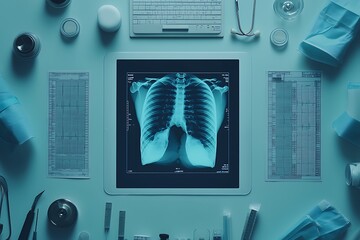 Chest X-Ray on Digital Display with Medical Equipment and Charts. A high-angle, flat lay composition illustrating the tools and technology used in modern medical diagnosis.