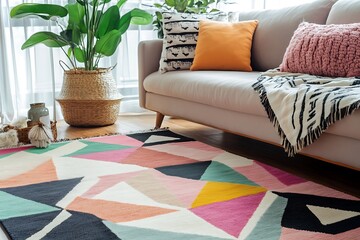 Geometric Abstract Rug in Modern Living Room Interior. A colorful, patterned rug adds a vibrant touch to a stylish living space.
