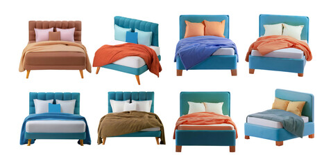 Various Stylish Bed Designs with Colorful Bedding and Pillows, isolated on transparent background