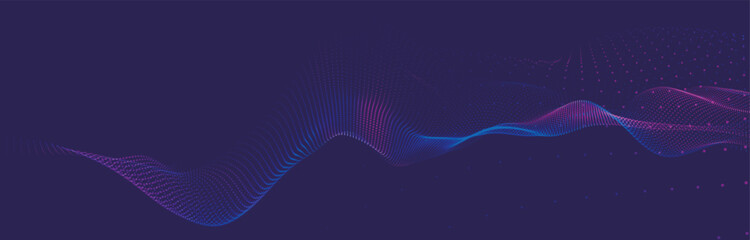 Abstract background with dynamic colorful wave. Futuristic dotted wave of bright particles. Dark background. Colorful background for presentation design. Wide format vector illustration. Interweaving 