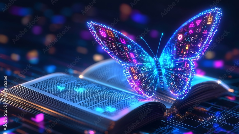 Poster digital butterfly rests on open book, glowing with data