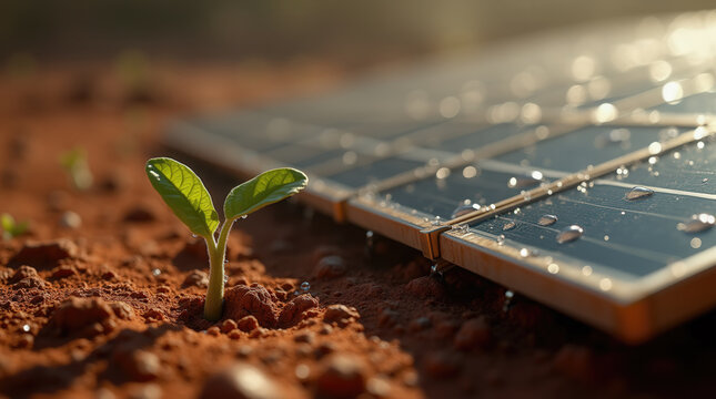 A small green plant emerges from rich, damp soil beside solar panels. Sunlight glimmers on the solar cells, highlighting the relationship between renewable energy and nature