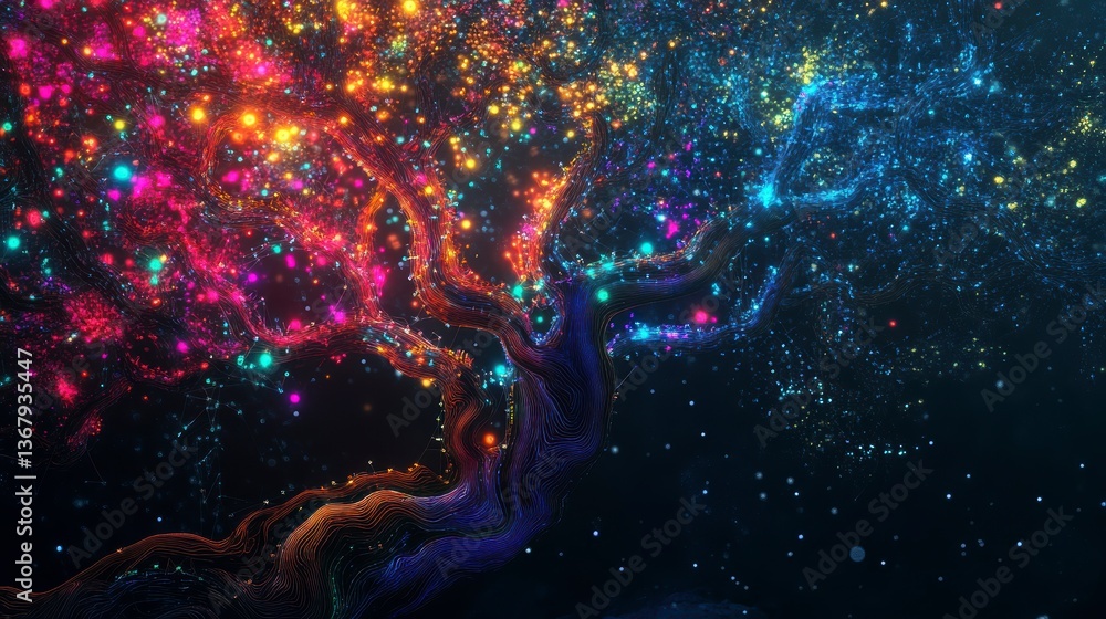 Poster abstract vibrant glowing tree with colorful particles.