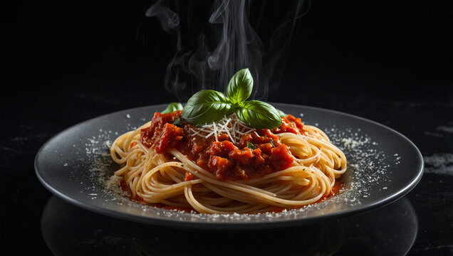 A plate of steaming spaghetti with rich marinara sauce, topped with fresh basil and parmesan, served on a transparent glass plate over a reflective black surface. Dramatic spotlight from above highlig
