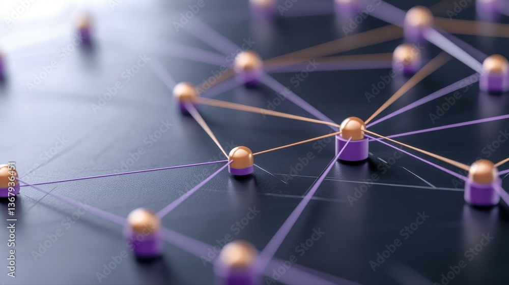 Poster network representation with interconnected nodes on a dark surface, showcasing digital communication