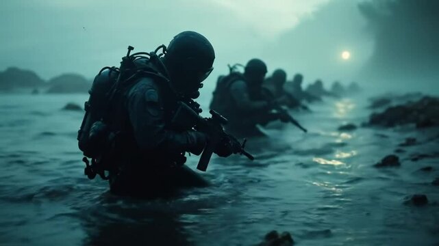 Fully equipped navy commandos head into a sea operation at sunrise, exuding intensity.