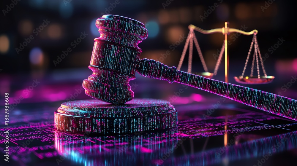Poster glowing gavel and scales crafted from binary code, futuristic digital law representation, neon light