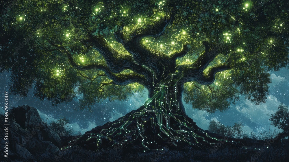 Poster luminous tree with glowing roots and leaves at night.