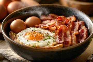 A steaming bowl of full English breakfast with bacon and eggs