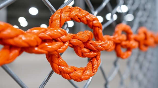 Bright Orange Rope Knots Against Chain Link Fence