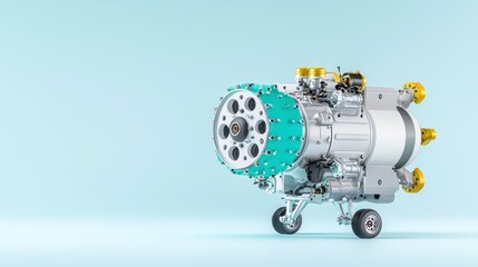 Modern Aircraft Engine on Stand with Light Blue Background