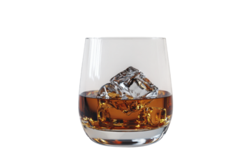 A rocks glass filled with amber whiskey and melting ice cubes, capturing the essence of a quiet evening's indulgence against a bright white background.