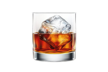 A rocks glass filled with amber whiskey, a single ice cube melting slowly, a moment of quiet contemplation and simple pleasure against a clean white background.