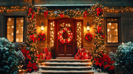 A house covered with christmas lights and festive decorations for the holiday season