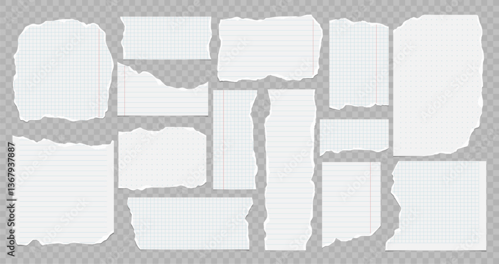 Poster collection of torn lined and squared paper strips. ripped paper scraps with rough edges. vector illu