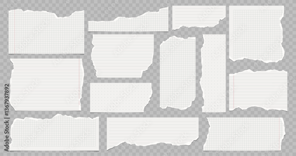 Poster collection of torn lined and squared paper strips. ripped paper scraps with rough edges. vector illu