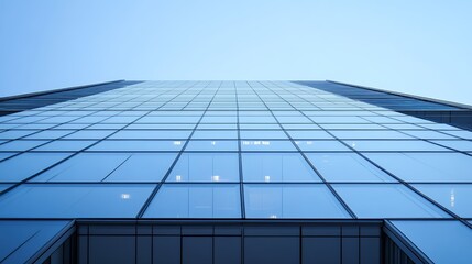 Fototapeta premium Modern Glass Skyscraper Looking Upwards Against a Clear Blue Sky Perspective