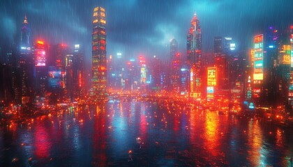 Fototapeta premium Illuminated skyscrapers and city lights reflected in a rainy harbor