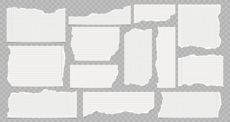 Collection of torn lined and squared paper strips. Ripped paper scraps with rough edges. Vector illustration of sticky notes and notebook pages for banners, posters.
