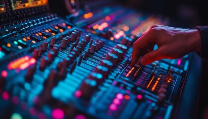 Detailed shot of an audio engineers hand working the mixing board in a modern recording studio, vibrant sound equipment, music mixing and mastering process, cinematic lighting