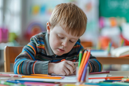 Autistic boy drawing in colorful school classroom