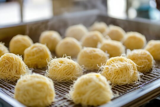A warm tray of ensaimadas de cabello with angel hair filling