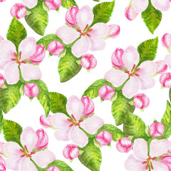 Seamless pattern with blooming spring flower. Apricot, cherry, pear,almond, apple, peach flowers. Hand drawn watercolor flowers, leaves and buds