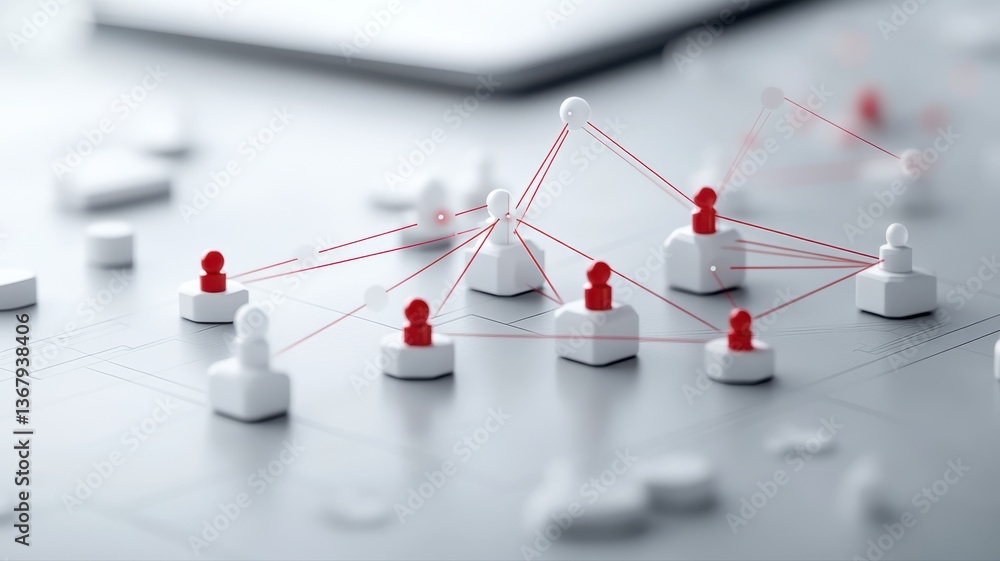 Poster red network dots on white blocks connected by lines represent business communication concept.
