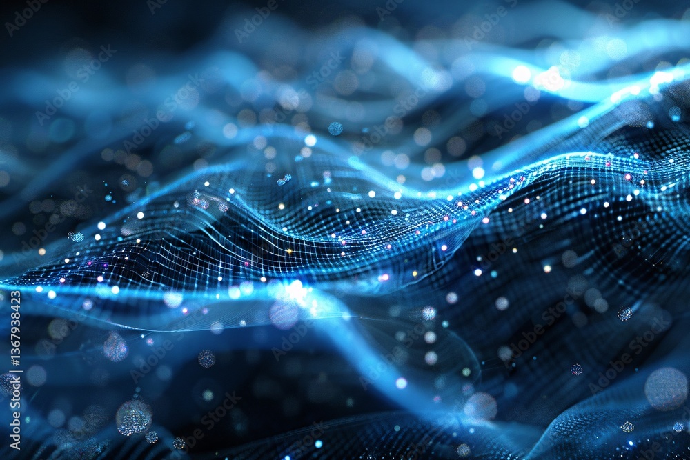 Poster Dynamic blue network grid background with flowing and glowing particles