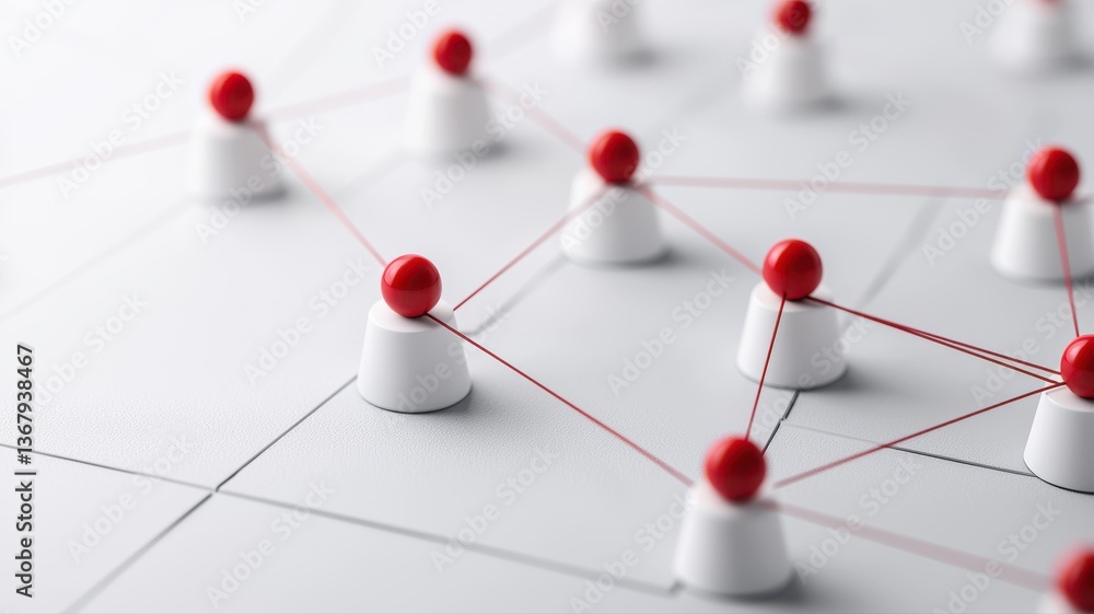 Poster red network connecting pins symbolize a digital communication concept on a white background.