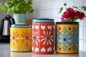 Set of Three Retro-Style Ceramic Canisters with Floral and Abstract Designs.