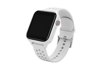 A smartwatch with a square face, black screen, and a white silicone strap isolated on transparent background