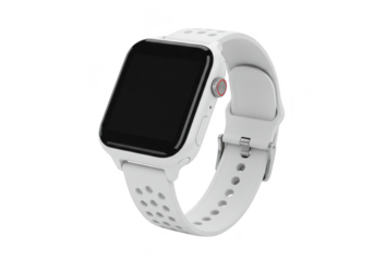 A smartwatch with a square face, black screen, and a white silicone strap isolated on transparent background