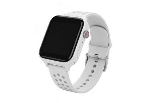 A smartwatch with a square face, black screen, and a white silicone strap isolated on transparent background - Powered by Adobe