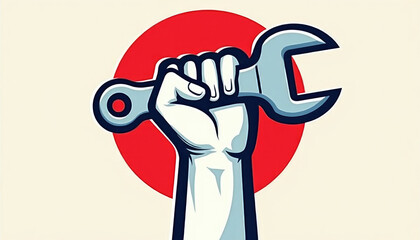 Symbolic illustration of a raised fist holding a wrench against a red circle background