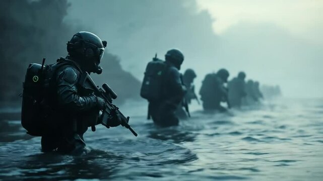 Fully equipped navy commandos head into a sea operation at sunrise, exuding intensity.