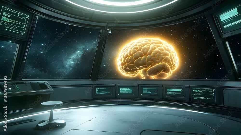 Poster futuristic brain interface showcasing an ai powered holographic visualization of the endocrine syste