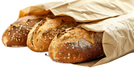 Freshly baked baguettes resting in a paper bag on transparent background