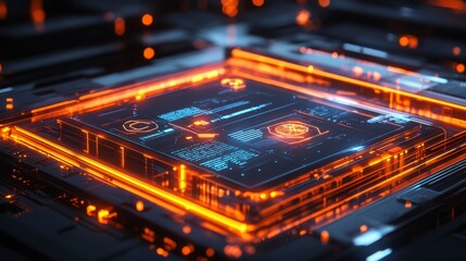 Fototapeta premium A glowing technology podium with embedded digital interfaces, transparent panels, and dynamic lighting effects 