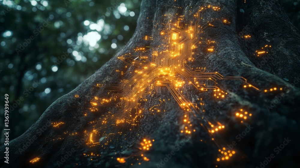 Fototapete Glowing circuit board embedded in a tree trunk's bark, symbolizing nature and technology's fusion.
