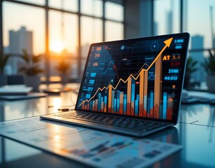 Analyzing Financial Data on Laptop with Growth Chart at Sunset