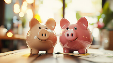 A piggy bank shares news with its friend symbolizing updates on the economy good savings conditions deposits cashbacks and earnings