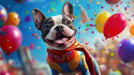 Happy dog in superhero costume surrounded by colorful balloons  