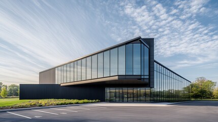Modern Architectural Building with Glass Facade under Cloudy Blue Sky