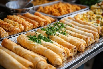 A warm tray of znoud el sit with cream filled pastry rolls