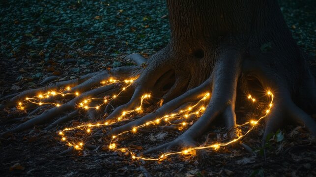 Fairy lights illuminate the exposed roots of an ancient tree at night.