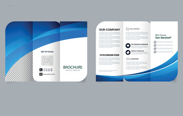 Corporate Business Trifold Brochure Template with Blue Wave Design. Flyer Mockup.